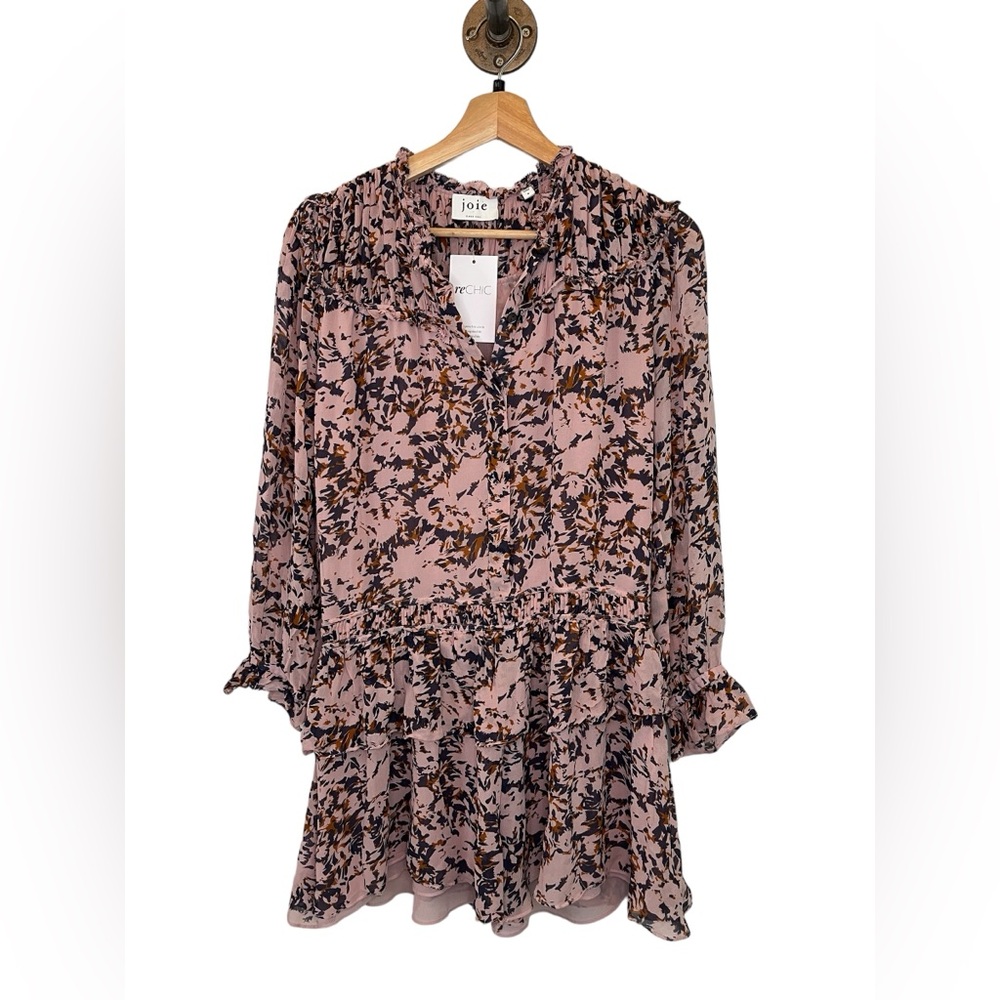Joie Elsverre Silk Abstract Long Sleeve Dropped Waist Flounce Mini Dress, Size 8 - Picture 3 of 8